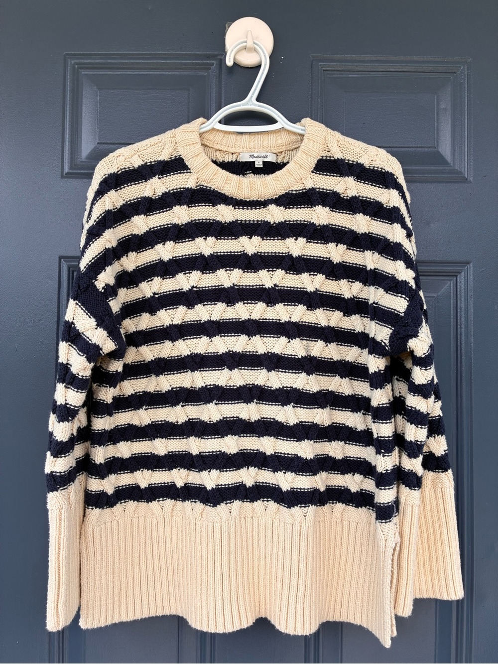 Madewell Cream and Navy Striped Cable Knit Sweater Preppy Fisherman Coastal Sz S